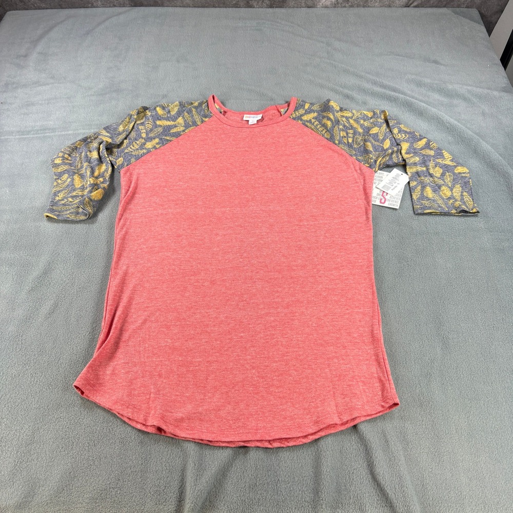 LuLaRoe Randy Baseball Tee Small Coral Red Heather Yellow Feather Print Raglan